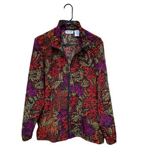 Retro Vibrant Light Weight Zip Jacket with Purple, Red, & Green Floral Pattern